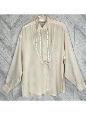 VTG Paolo Santini 100% Silk Blouse Size Large Cream Leopard Jacquard Rhinestone